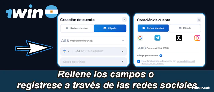 Selecciona un método de registro en 1win Argentina